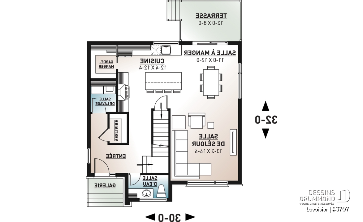 Rez-de-chaussée - Plan de maison moderne cubique à étage avec 3 chambres, buanderie, garde manger, grand îlot à la cuisine - Lavoisier