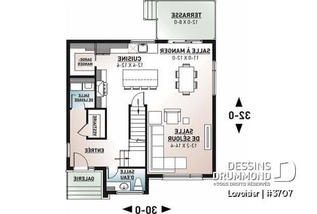 Rez-de-chaussée - Plan de maison moderne cubique à étage avec 3 chambres, buanderie, garde manger, grand îlot à la cuisine - Lavoisier