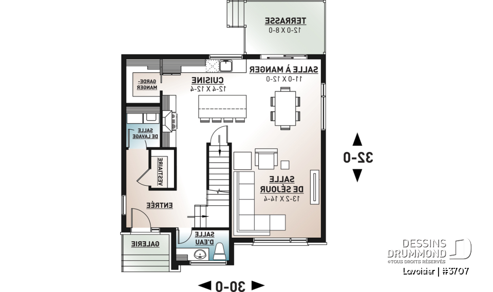 Rez-de-chaussée - Plan de maison moderne cubique à étage avec 3 chambres, buanderie, garde manger, grand îlot à la cuisine - Lavoisier