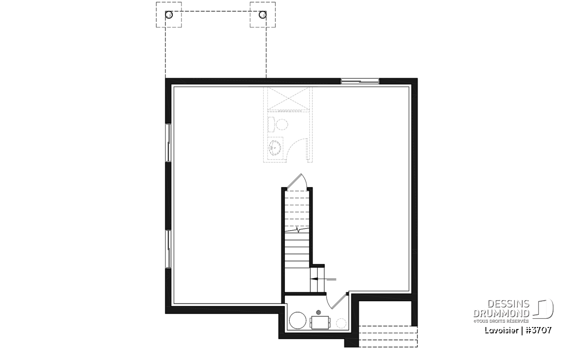 Sous-sol - Plan de maison moderne cubique à étage avec 3 chambres, buanderie, garde manger, grand îlot à la cuisine - Lavoisier