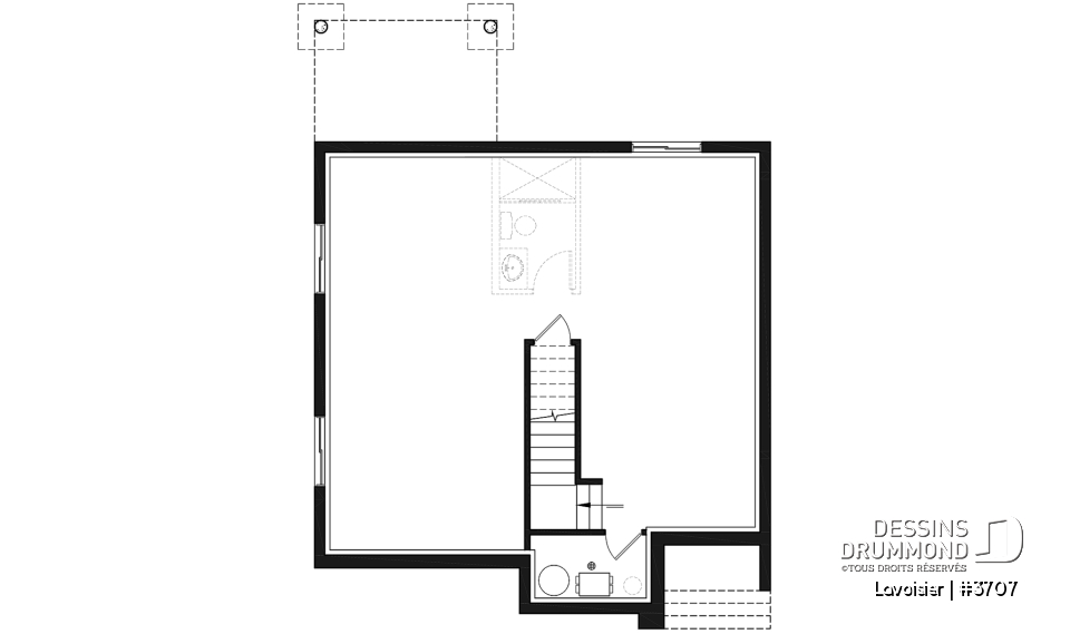 Sous-sol - Plan de maison moderne cubique à étage avec 3 chambres, buanderie, garde manger, grand îlot à la cuisine - Lavoisier