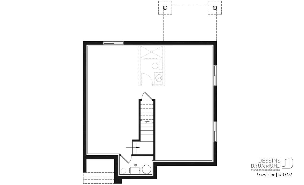Sous-sol - Plan de maison moderne cubique à étage avec 3 chambres, buanderie, garde manger, grand îlot à la cuisine - Lavoisier