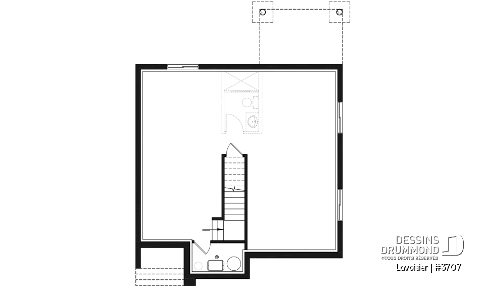 Sous-sol - Plan de maison moderne cubique à étage avec 3 chambres, buanderie, garde manger, grand îlot à la cuisine - Lavoisier