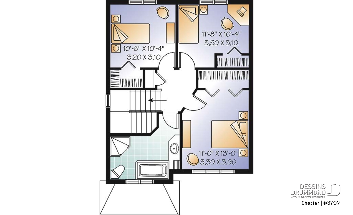 Étage - Plan de maison champêtre à étage, construction économique, 3 chambres, vestibule beau format, aire ouverte - Chester