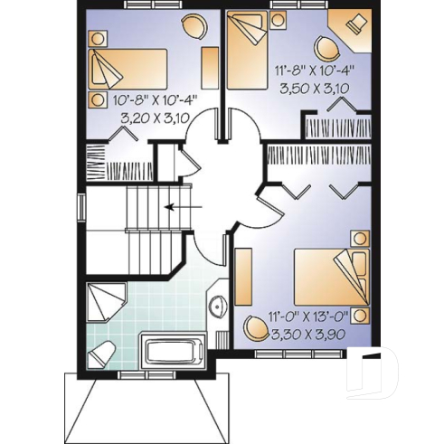 Étage - Plan de maison champêtre à étage, construction économique, 3 chambres, vestibule beau format, aire ouverte - Chester
