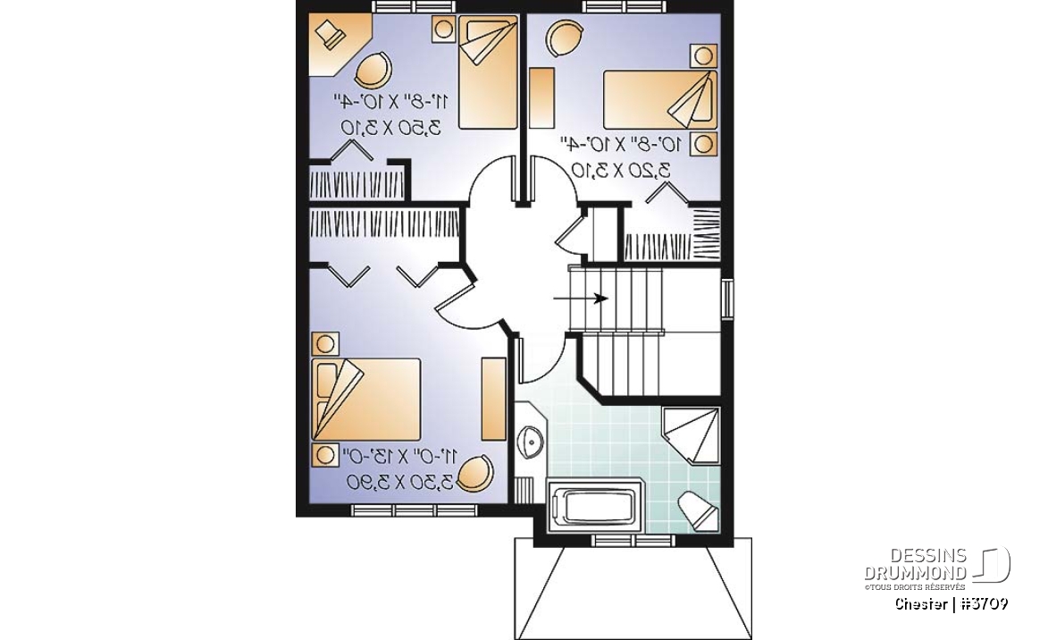 Étage - Plan de maison champêtre à étage, construction économique, 3 chambres, vestibule beau format, aire ouverte - Chester
