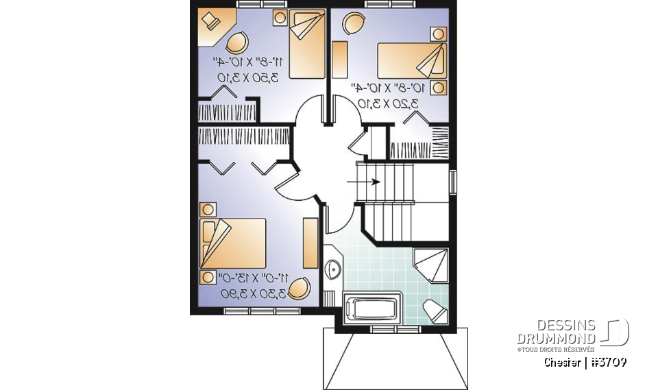 Étage - Plan de maison champêtre à étage, construction économique, 3 chambres, vestibule beau format, aire ouverte - Chester