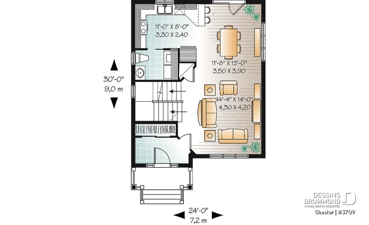 Rez-de-chaussée - Plan de maison champêtre à étage, construction économique, 3 chambres, vestibule beau format, aire ouverte - Chester