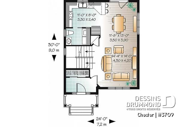 Rez-de-chaussée - Plan de maison champêtre à étage, construction économique, 3 chambres, vestibule beau format, aire ouverte - Chester