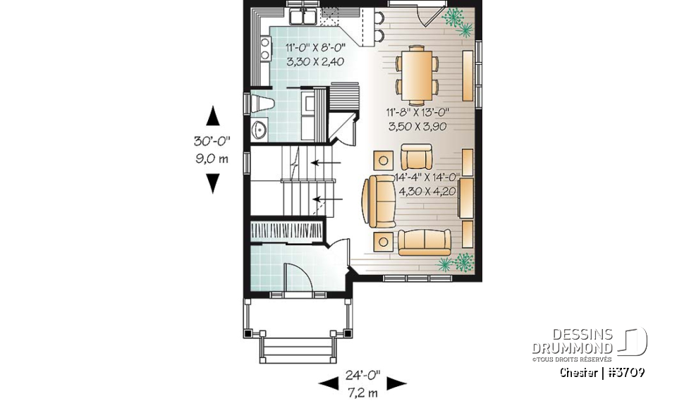 Rez-de-chaussée - Plan de maison champêtre à étage, construction économique, 3 chambres, vestibule beau format, aire ouverte - Chester