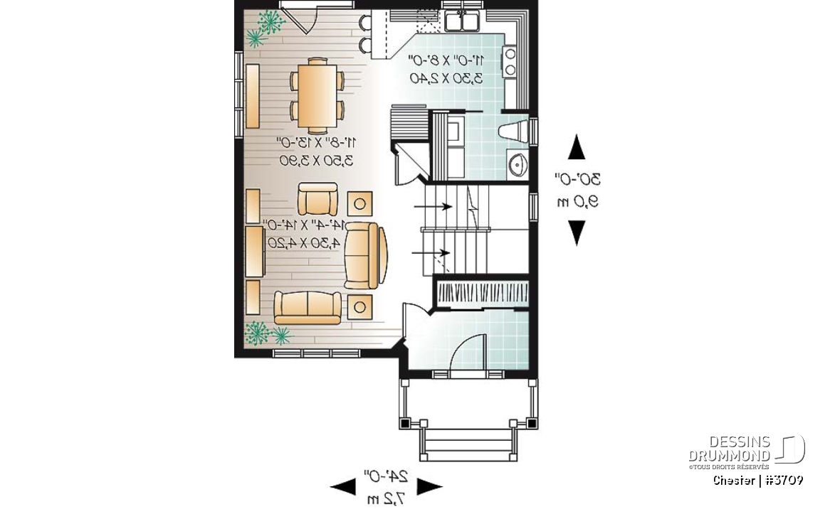 Rez-de-chaussée - Plan de maison champêtre à étage, construction économique, 3 chambres, vestibule beau format, aire ouverte - Chester
