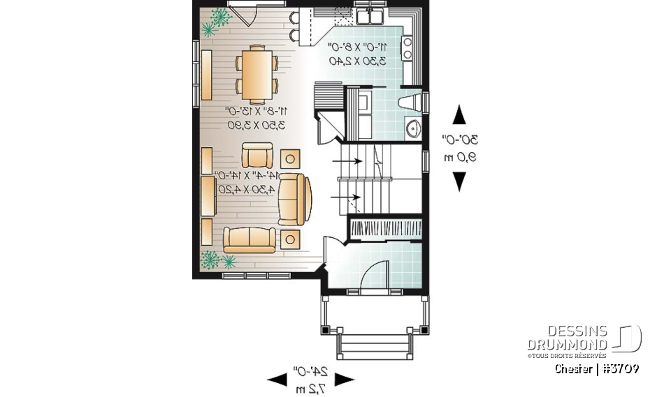 Rez-de-chaussée - Plan de maison champêtre à étage, construction économique, 3 chambres, vestibule beau format, aire ouverte - Chester