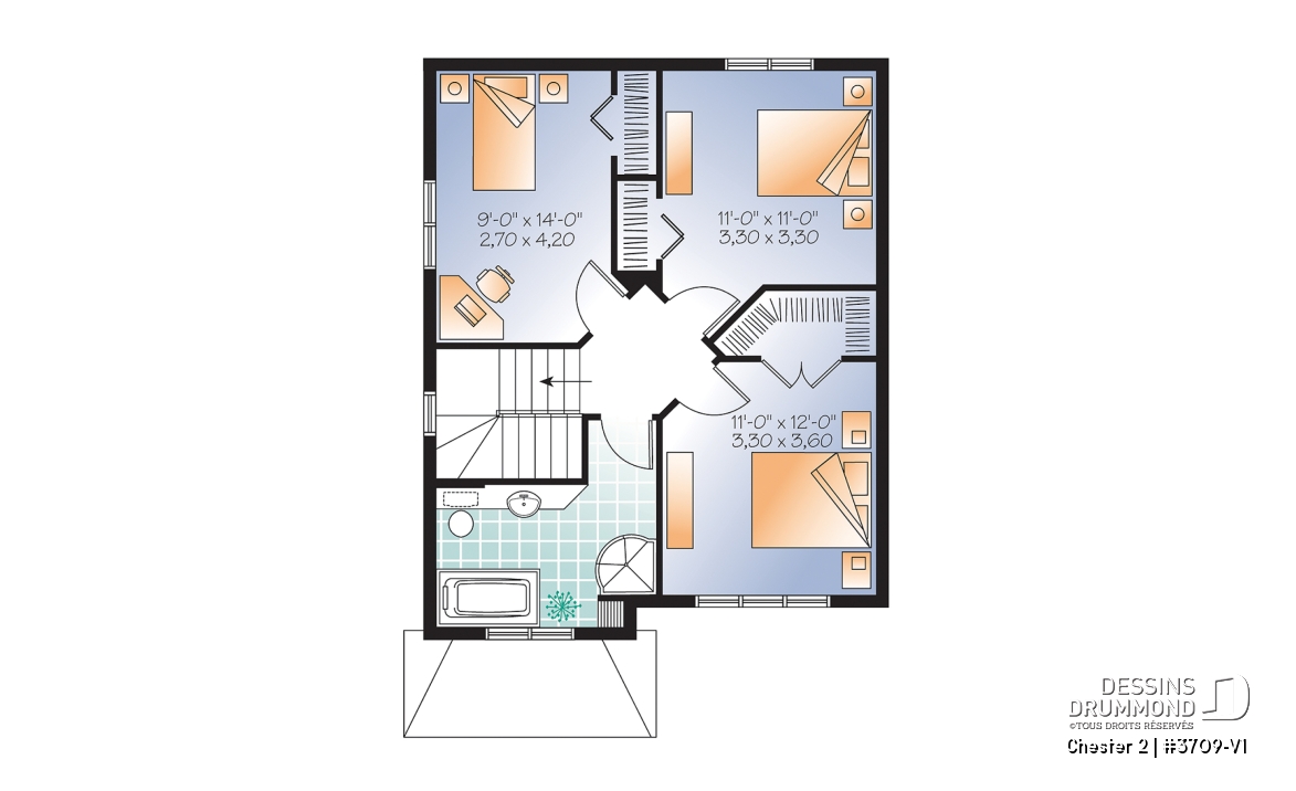 Étage - Plan de maison idéale pour terrain étroit, 2 étages, 3 chambres, petit bar à café, grande s.bain familiale - Chester 2