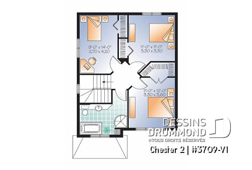 Étage - Plan de maison idéale pour terrain étroit, 2 étages, 3 chambres, petit bar à café, grande s.bain familiale - Chester 2