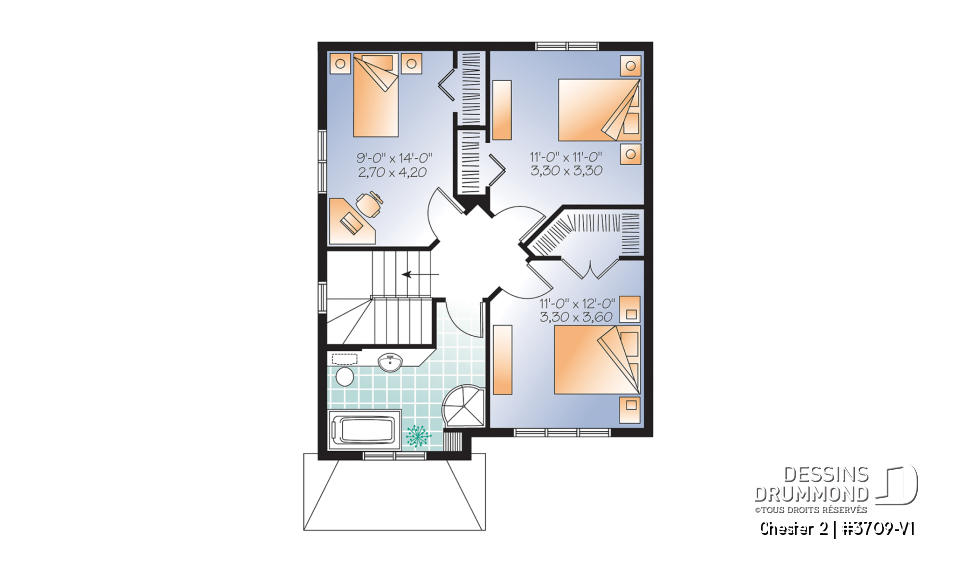 Étage - Plan de maison idéale pour terrain étroit, 2 étages, 3 chambres, petit bar à café, grande s.bain familiale - Chester 2