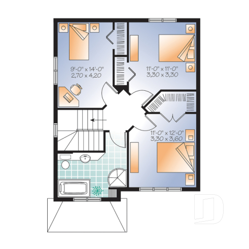 Étage - Plan de maison idéale pour terrain étroit, 2 étages, 3 chambres, petit bar à café, grande s.bain familiale - Chester 2