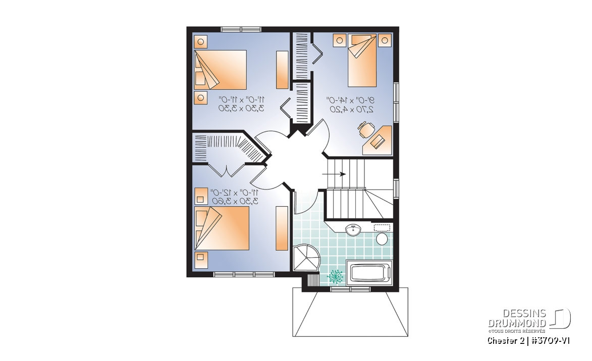 Étage - Plan de maison idéale pour terrain étroit, 2 étages, 3 chambres, petit bar à café, grande s.bain familiale - Chester 2