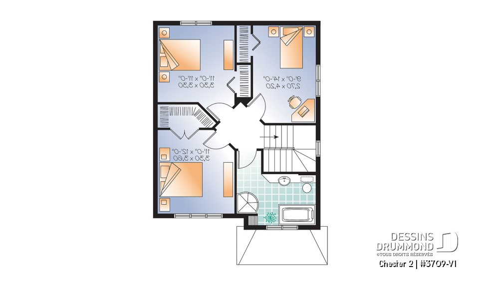 Étage - Plan de maison idéale pour terrain étroit, 2 étages, 3 chambres, petit bar à café, grande s.bain familiale - Chester 2