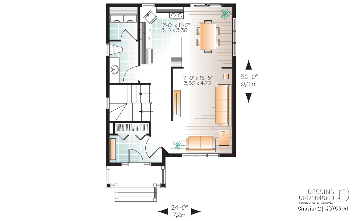 Rez-de-chaussée - Plan de maison idéale pour terrain étroit, 2 étages, 3 chambres, petit bar à café, grande s.bain familiale - Chester 2