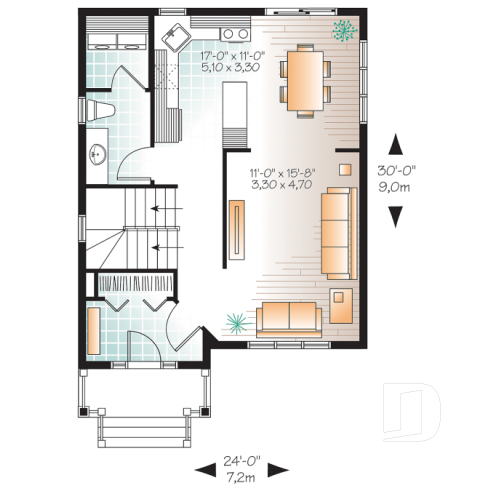 Rez-de-chaussée - Plan de maison idéale pour terrain étroit, 2 étages, 3 chambres, petit bar à café, grande s.bain familiale - Chester 2