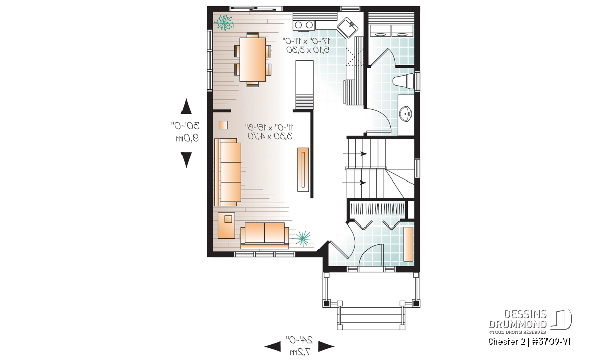 Rez-de-chaussée - Plan de maison idéale pour terrain étroit, 2 étages, 3 chambres, petit bar à café, grande s.bain familiale - Chester 2