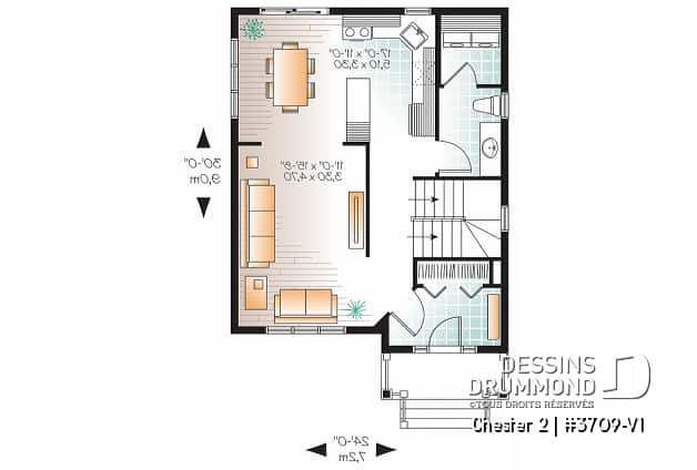 Rez-de-chaussée - Plan de maison idéale pour terrain étroit, 2 étages, 3 chambres, petit bar à café, grande s.bain familiale - Chester 2