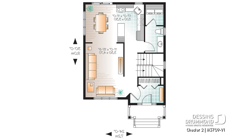 Rez-de-chaussée - Plan de maison idéale pour terrain étroit, 2 étages, 3 chambres, petit bar à café, grande s.bain familiale - Chester 2