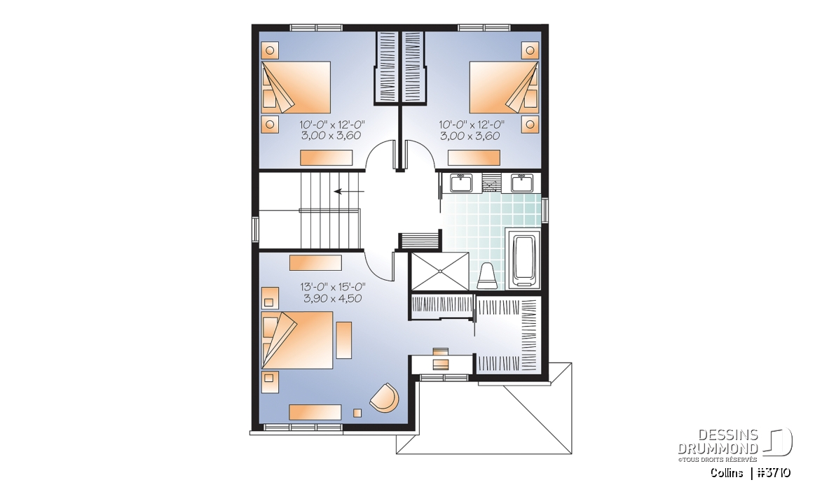 Étage - Plan maison contemporaine 3 chambres, grande cuisine avec garde-manger, buanderie au r-d-c, chute à linge - Collins 