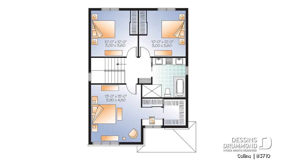 Étage - Plan maison contemporaine 3 chambres, grande cuisine avec garde-manger, buanderie au r-d-c, chute à linge - Collins 