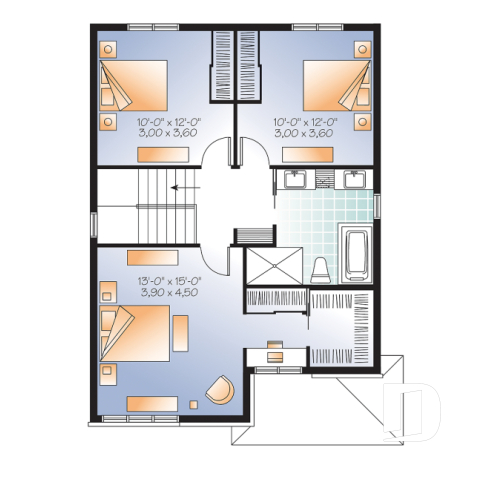 Étage - Plan maison contemporaine 3 chambres, grande cuisine avec garde-manger, buanderie au r-d-c, chute à linge - Collins 