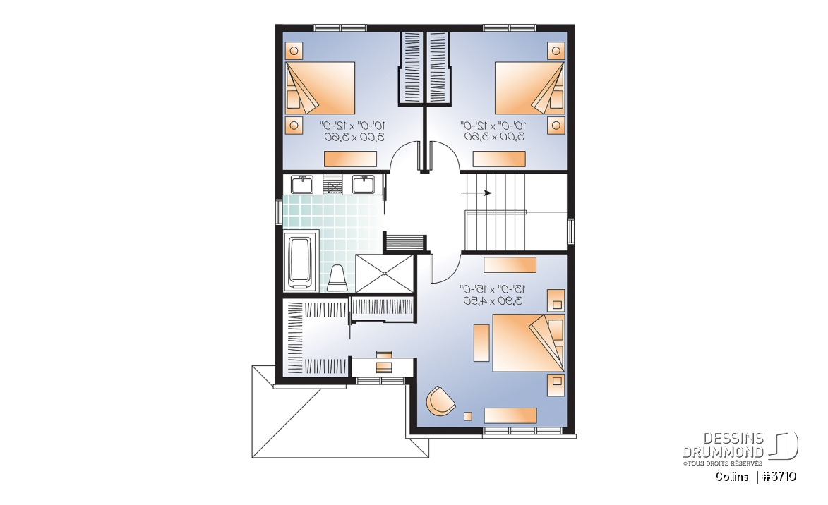 Étage - Plan maison contemporaine 3 chambres, grande cuisine avec garde-manger, buanderie au r-d-c, chute à linge - Collins 