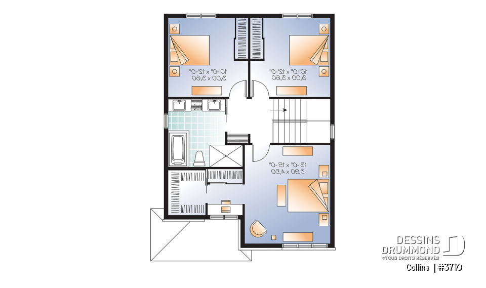 Étage - Plan maison contemporaine 3 chambres, grande cuisine avec garde-manger, buanderie au r-d-c, chute à linge - Collins 