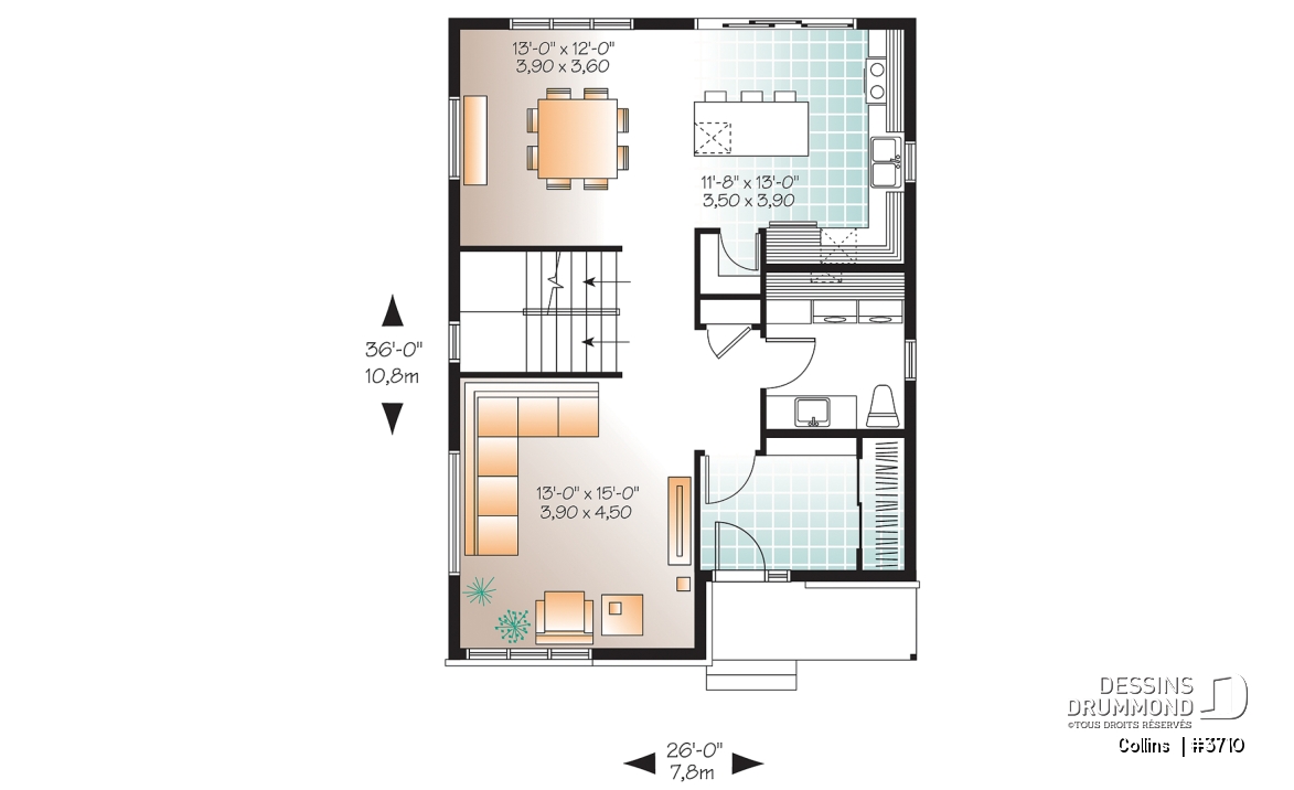 Rez-de-chaussée - Plan maison contemporaine 3 chambres, grande cuisine avec garde-manger, buanderie au r-d-c, chute à linge - Collins 