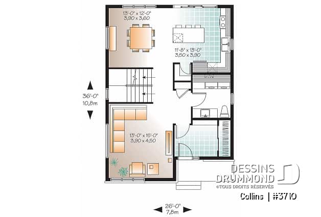 Rez-de-chaussée - Plan maison contemporaine 3 chambres, grande cuisine avec garde-manger, buanderie au r-d-c, chute à linge - Collins 