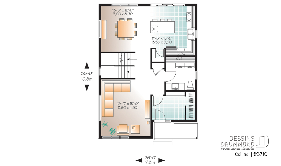 Rez-de-chaussée - Plan maison contemporaine 3 chambres, grande cuisine avec garde-manger, buanderie au r-d-c, chute à linge - Collins 