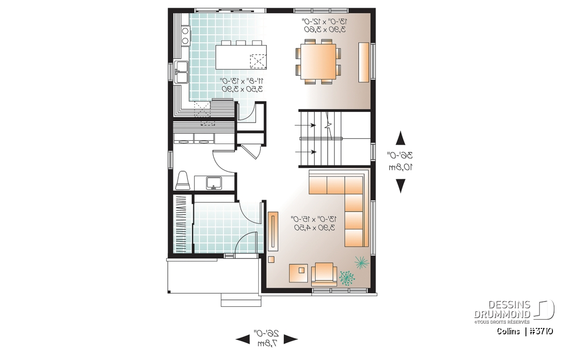 Rez-de-chaussée - Plan maison contemporaine 3 chambres, grande cuisine avec garde-manger, buanderie au r-d-c, chute à linge - Collins 