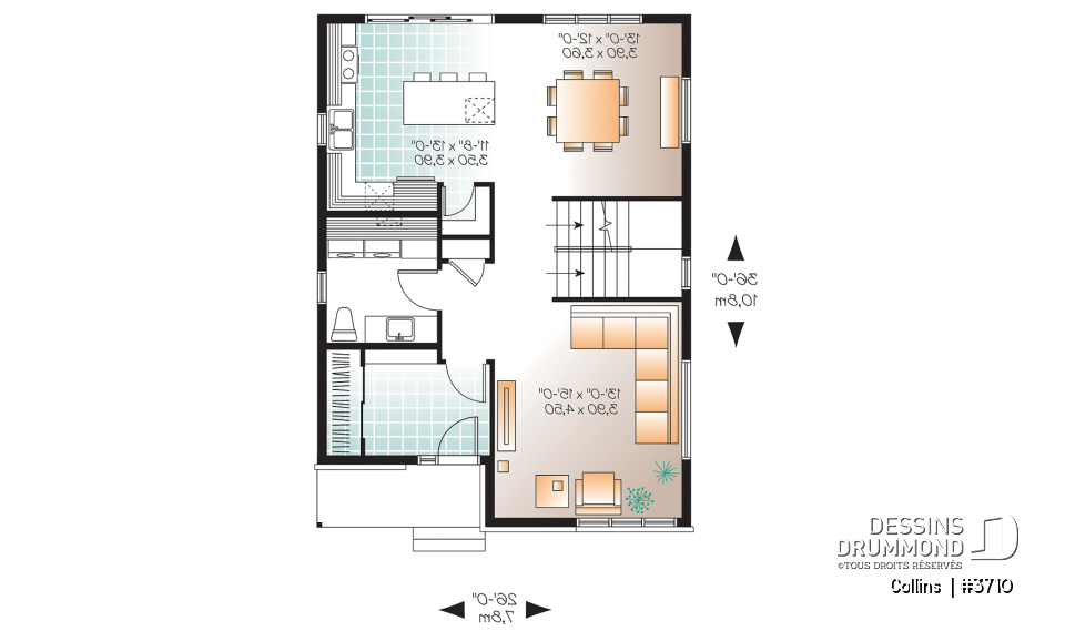 Rez-de-chaussée - Plan maison contemporaine 3 chambres, grande cuisine avec garde-manger, buanderie au r-d-c, chute à linge - Collins 