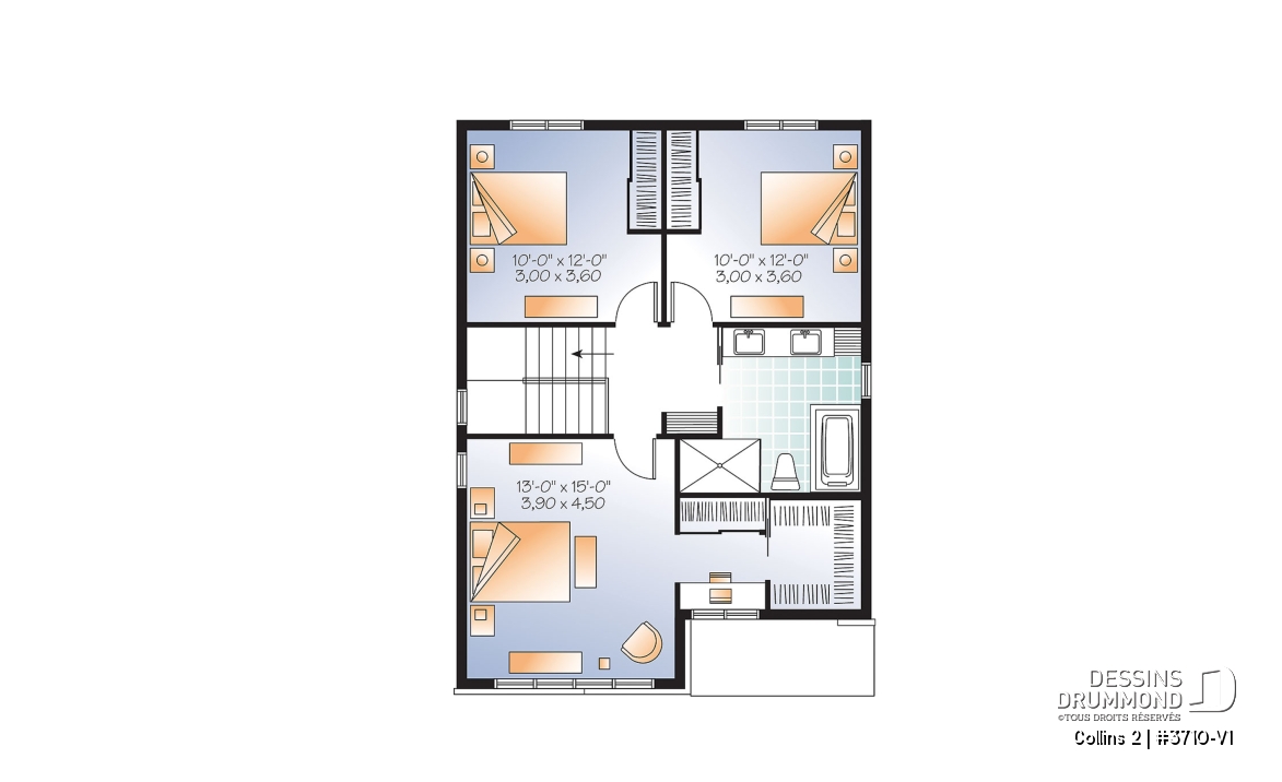 Étage - Plan maison moderne 3 chambres, grand vestibule, salle de lavage au rez-de chaussé, walk-in chambre parents - Collins 2