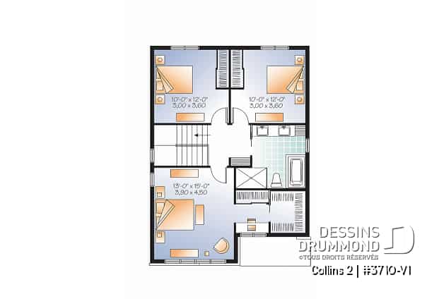 Étage - Plan maison moderne 3 chambres, grand vestibule, salle de lavage au rez-de chaussé, walk-in chambre parents - Collins 2