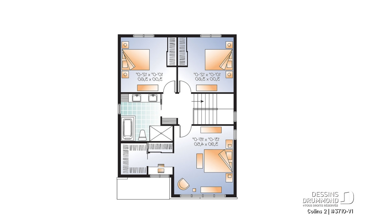 Étage - Plan maison moderne 3 chambres, grand vestibule, salle de lavage au rez-de chaussé, walk-in chambre parents - Collins 2