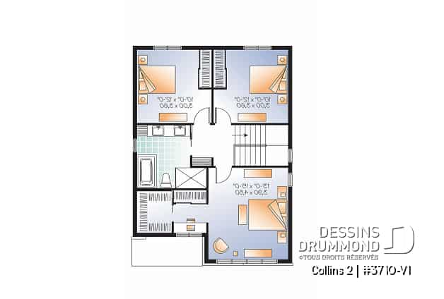 Étage - Plan maison moderne 3 chambres, grand vestibule, salle de lavage au rez-de chaussé, walk-in chambre parents - Collins 2