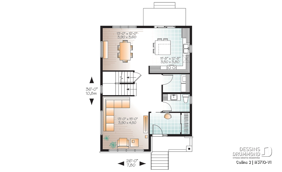 Rez-de-chaussée - Plan maison moderne 3 chambres, grand vestibule, salle de lavage au rez-de chaussé, walk-in chambre parents - Collins 2