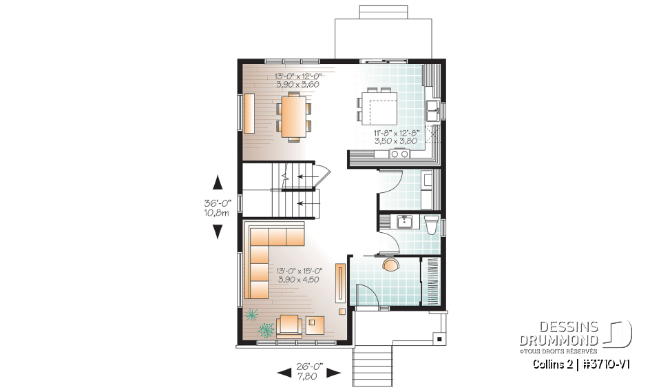 Rez-de-chaussée - Plan maison moderne 3 chambres, grand vestibule, salle de lavage au rez-de chaussé, walk-in chambre parents - Collins 2