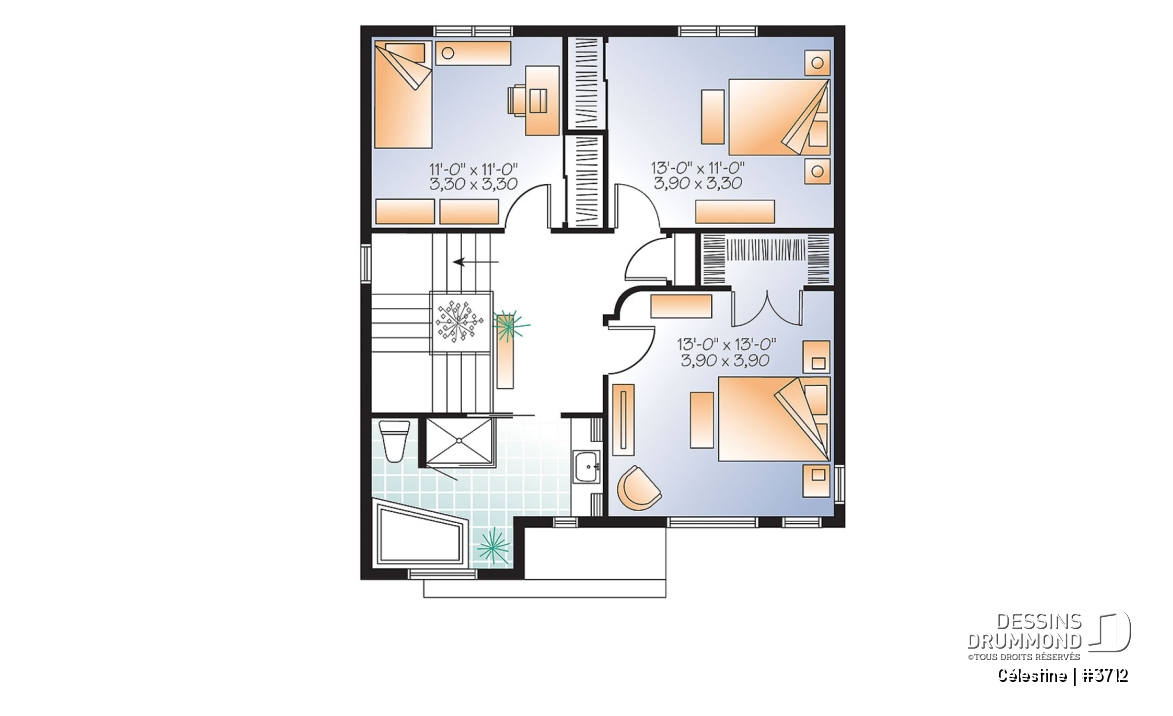 Étage - Plan de maison moderne 3 chambres, modèle contemporain à aire ouverte, buanderie et salle d'eau - Célestine