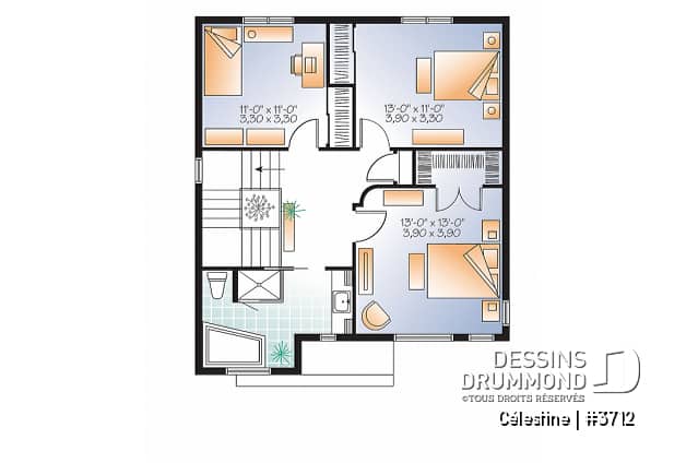 Étage - Plan de maison moderne 3 chambres, modèle contemporain à aire ouverte, buanderie et salle d'eau - Célestine