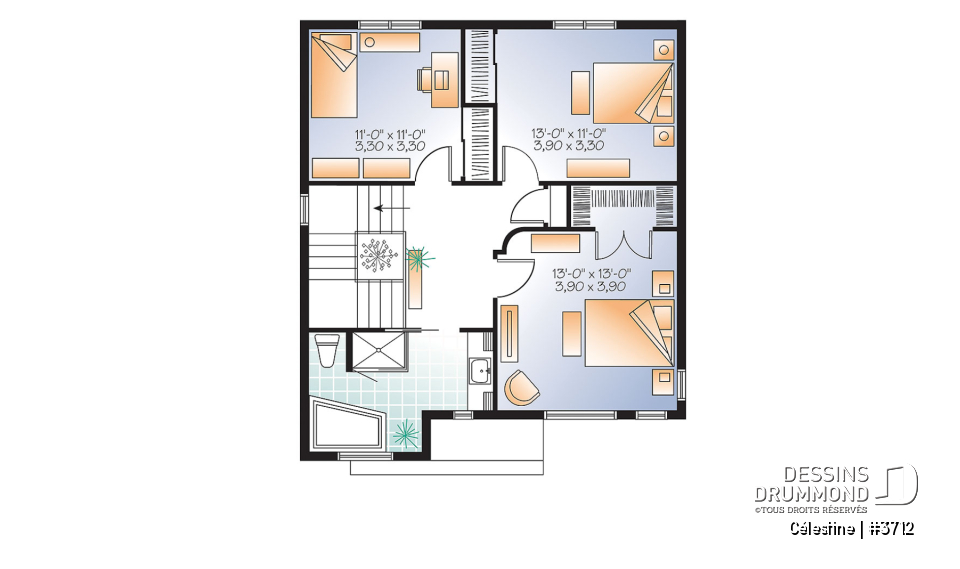 Étage - Plan de maison moderne 3 chambres, modèle contemporain à aire ouverte, buanderie et salle d'eau - Célestine
