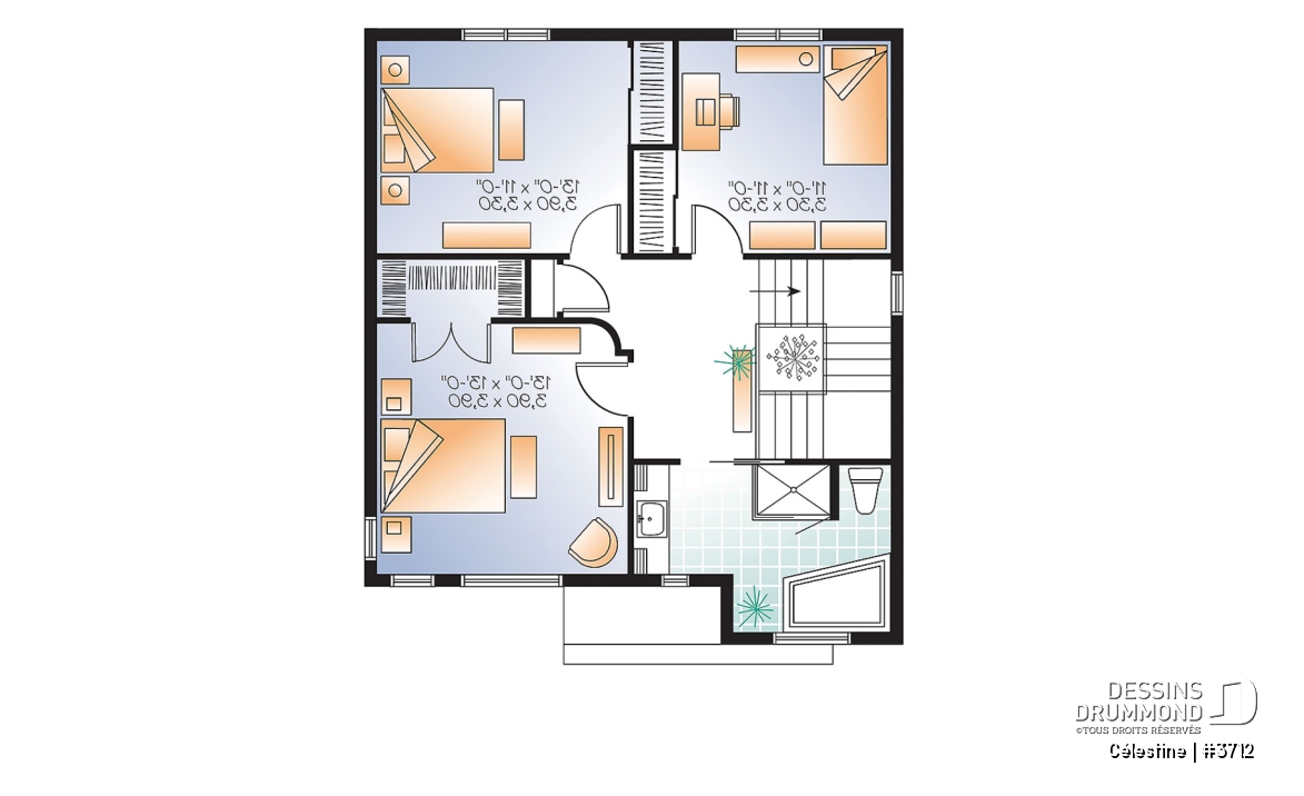 Étage - Plan de maison moderne 3 chambres, modèle contemporain à aire ouverte, buanderie et salle d'eau - Célestine