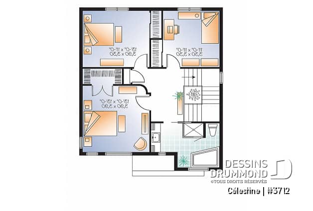 Étage - Plan de maison moderne 3 chambres, modèle contemporain à aire ouverte, buanderie et salle d'eau - Célestine