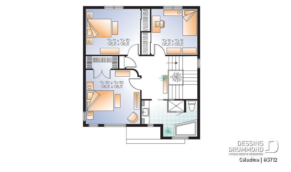 Étage - Plan de maison moderne 3 chambres, modèle contemporain à aire ouverte, buanderie et salle d'eau - Célestine