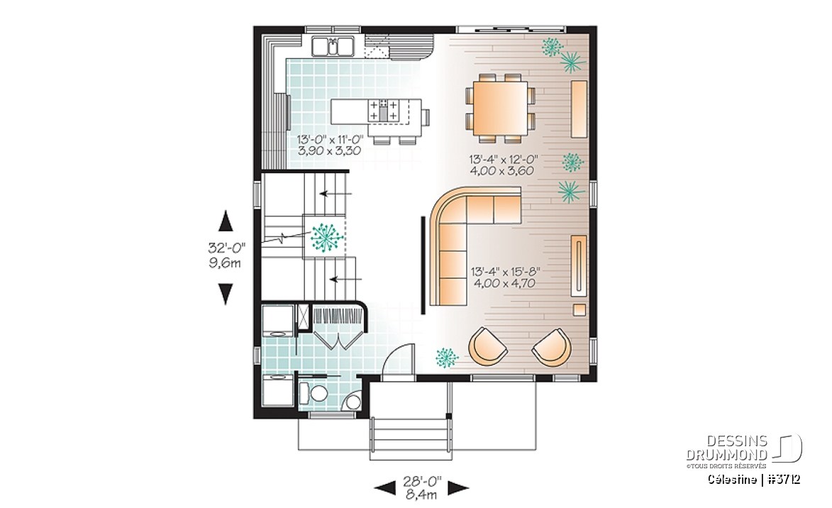Rez-de-chaussée - Plan de maison moderne 3 chambres, modèle contemporain à aire ouverte, buanderie et salle d'eau - Célestine